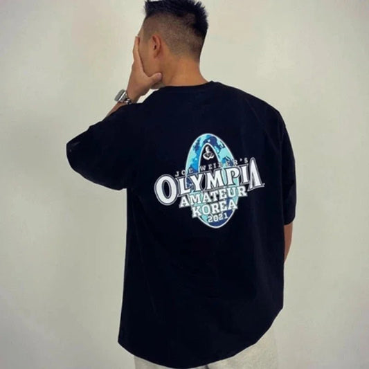 Men's cotton fitness T-shirt by Mandotos International, short sleeve summer gym T-shirt, breathable athletic wear, black color