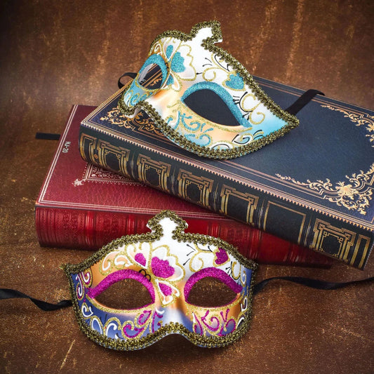 Men's glitter half face mask by MANDOTOS INTERNATIONAL, ideal for masquerade balls and Halloween costumes, featuring sparkling design.