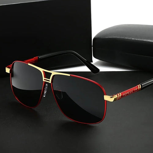 Men's large black to red gradient TAC lens sunglasses with full-rim iron frame, polished finish and easy-clean surface.
