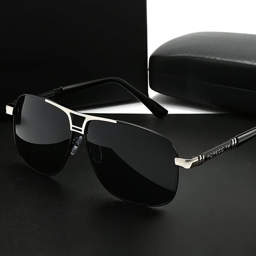 Men's large black to red gradient sunglasses with full-rim iron frame, TAC lenses, polished finish, and easy-clean surface.