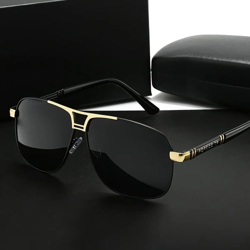 Men's large black to red gradient TAC lens sunglasses with full-rim iron frame, polished finish and easy-clean lens surface.