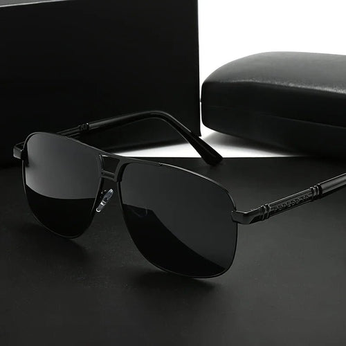 Men's large frame sunglasses with black to red gradient TAC lenses, full-iron frame, polished finish, and easy-clean lens surface.