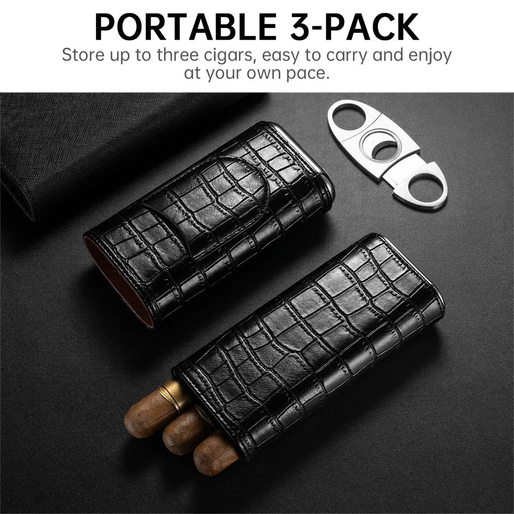 Men's Portable Cigar Case - 3 Cigars PU Leather Cutter Travel Box - MANDOTOS INTERNATIONAL