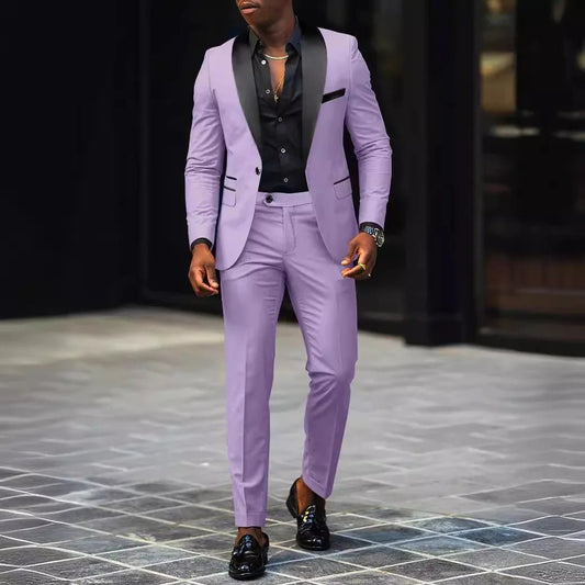 Men's slim-fit business casual suit jacket and trousers by MANDOTOS INTERNATIONAL, stylish formalwear for professional occasions.