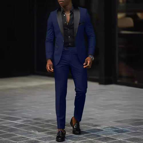 Men's slim-fit business casual suit jacket and trousers by MANDOTOS INTERNATIONAL, tailored fit, in classic dark color.