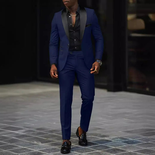 Men's slim-fit business casual suit jacket and trousers by MANDOTOS INTERNATIONAL, tailored fit, in classic dark color.