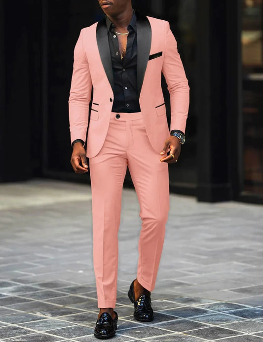 Men's slim-fit business casual suit jacket and trousers by MANDOTOS INTERNATIONAL, tailored for a sleek, modern look.
