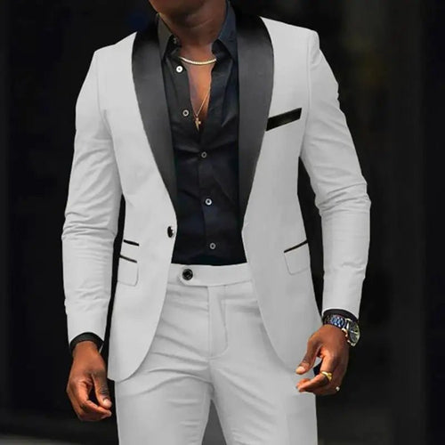 Men's slim-fit business casual suit jacket and trousers by MANDOTOS INTERNATIONAL, tailored fit, formal office wear ensemble.
