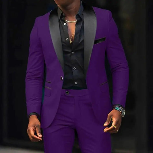 Men's slim-fit business casual suit jacket and trousers by MANDOTOS INTERNATIONAL, tailored for a sleek, professional look.