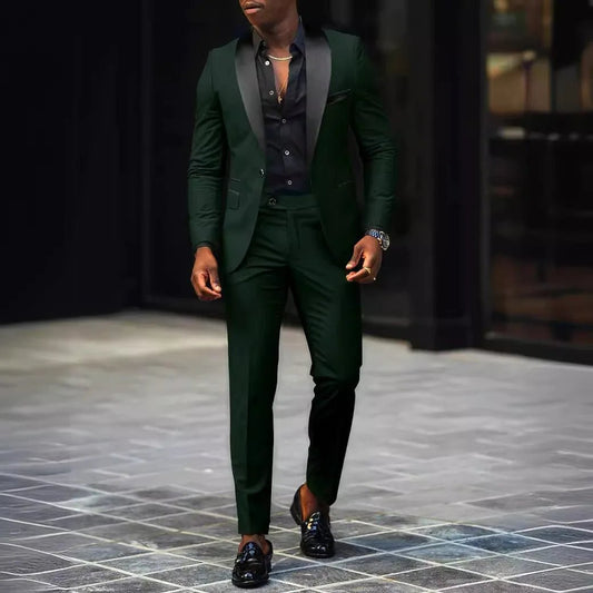 Men's slim-fit business casual suit jacket and trousers by MANDOTOS INTERNATIONAL, styled for professional or smart casual wear.