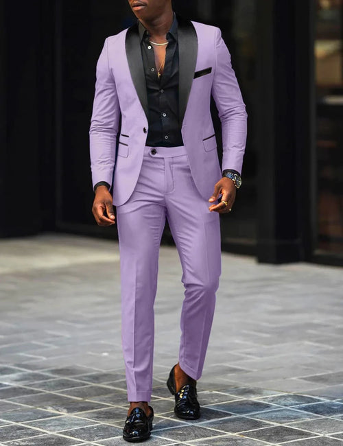Men's slim-fit business casual suit jacket and trousers by MANDOTOS INTERNATIONAL, tailored fit with classic lapel and clean lines.