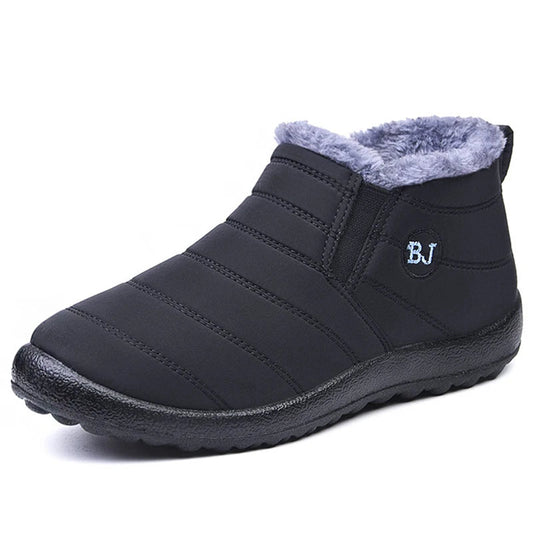 Men's waterproof winter snow boots by Mandotos International, outdoor work shoes in plus size with rugged grip soles.