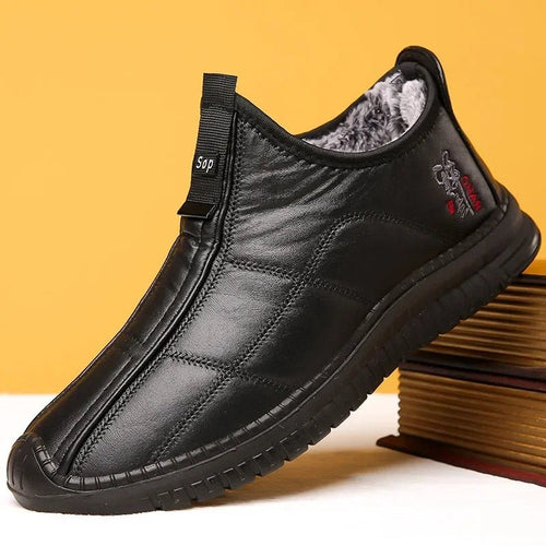 Men's winter waterproof non-slip boots by MANDOTOS INTERNATIONAL, platform work shoes in size 38-48, showing sturdy design and slip-resistant soles.
