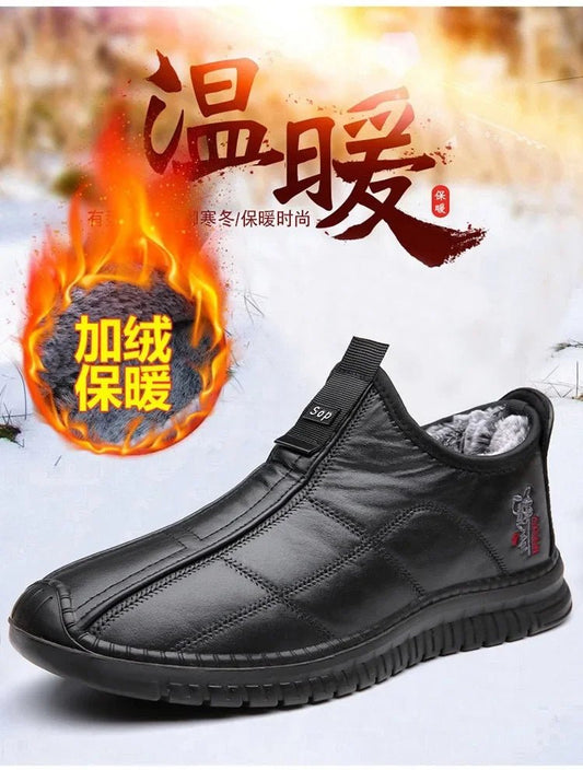 Men's winter waterproof non-slip platform work boots by MANDOTOS INTERNATIONAL, in size 38-48, showing durable leather and rugged soles.