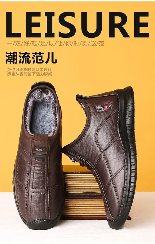 Men's waterproof winter non-slip platform work boots by MANDOTOS INTERNATIONAL, size 38-48, featuring sturdy soles and warm lining.