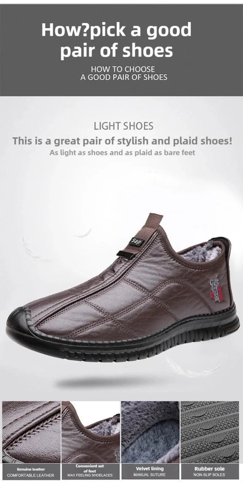 Men's winter waterproof non-slip platform work boots by MANDOTOS INTERNATIONAL, size 38-48, showing sturdy design and slip-resistant soles.