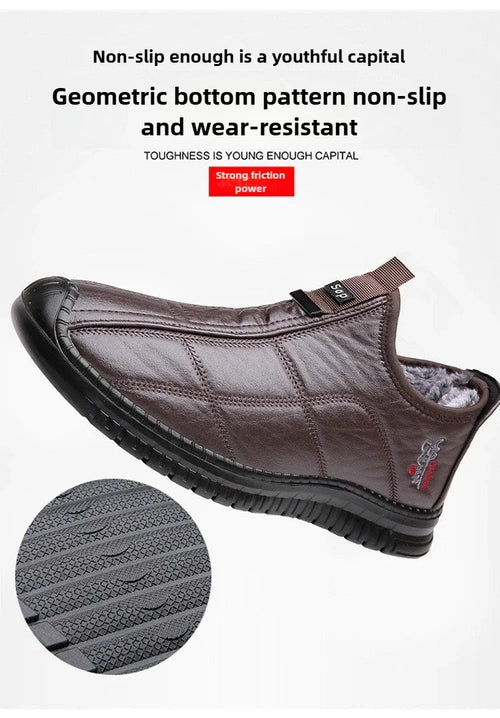 Men's winter waterproof non-slip platform work boots by MANDOTOS INTERNATIONAL, size 38-48, shown with sturdy sole and ankle support.