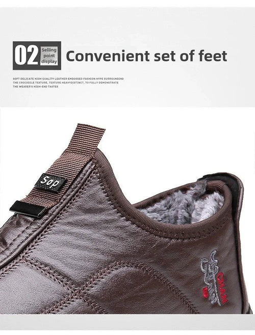 Men's winter waterproof non-slip boots by MANDOTOS INTERNATIONAL, platform work shoes in size 38-48, showing durable leather and sturdy soles.