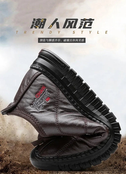 Men's winter waterproof non-slip platform work boots by MANDOTOS INTERNATIONAL, size 38-48, showing sturdy sole and insulated design.