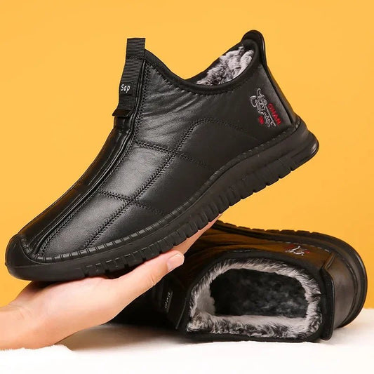 Mandotos men's winter waterproof non-slip platform work boots, size 38-48, with sturdy design and slip-resistant soles.