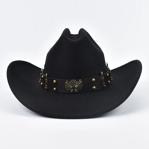 Men Women Western Cowboy Hat with Leather Vintage Big-edge Gentleman Cowgirl Hat Cloche Church Caps - MANDOTOS INTERNATIONAL