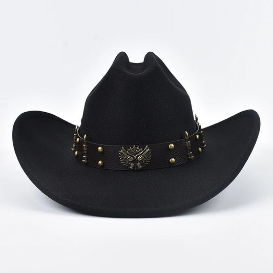 Men Women Western Cowboy Hat with Leather Vintage Big-edge Gentleman Cowgirl Hat Cloche Church Caps - MANDOTOS INTERNATIONAL