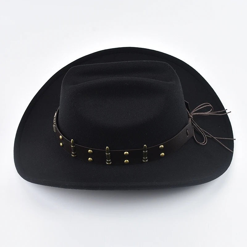 Men Women Western Cowboy Hat with Leather Vintage Big-edge Gentleman Cowgirl Hat Cloche Church Caps - MANDOTOS INTERNATIONAL
