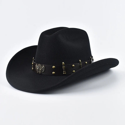 Men Women Western Cowboy Hat with Leather Vintage Big-edge Gentleman Cowgirl Hat Cloche Church Caps - MANDOTOS INTERNATIONAL