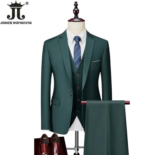 Mandotos International men's 3-piece business suit set with jacket, vest, and pants in various sizes and colors.
