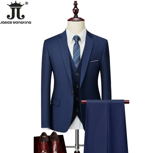 Mandotos International men's 3-piece business suit set with jacket, vest, and pants in various sizes and colors.