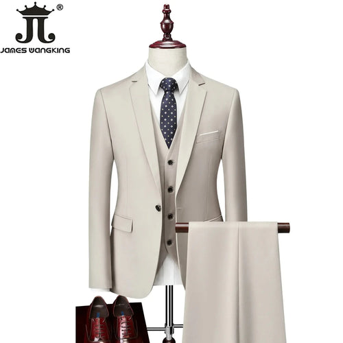 Men's 3-piece business suit set by Mandotos International with jacket, vest, and pants in various sizes and colors.