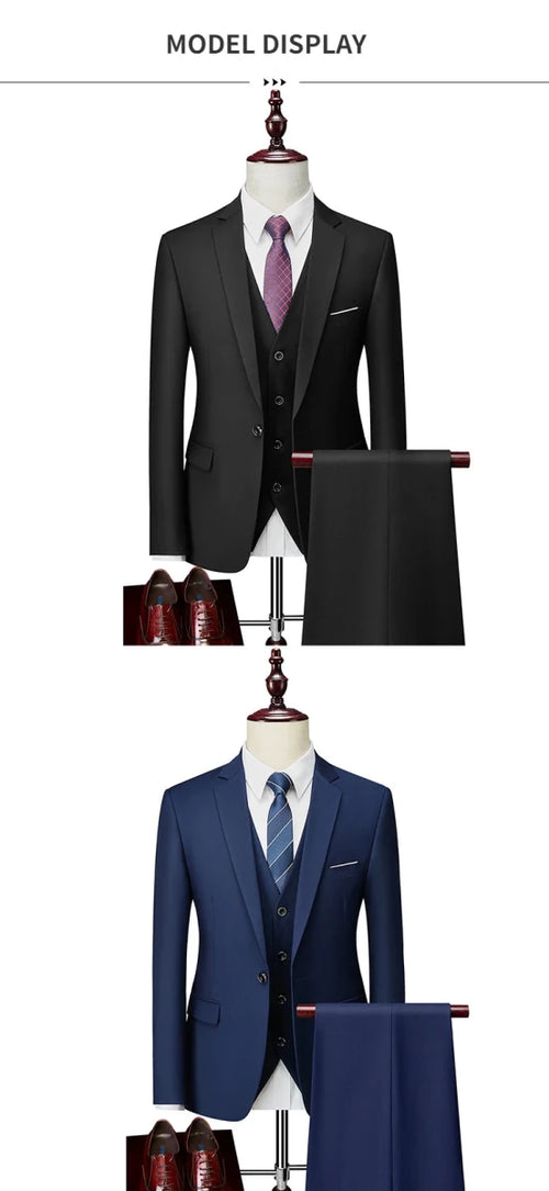 Mandotos International men's 3-piece business suit set with jacket, vest, and pants in various sizes and colors displayed.