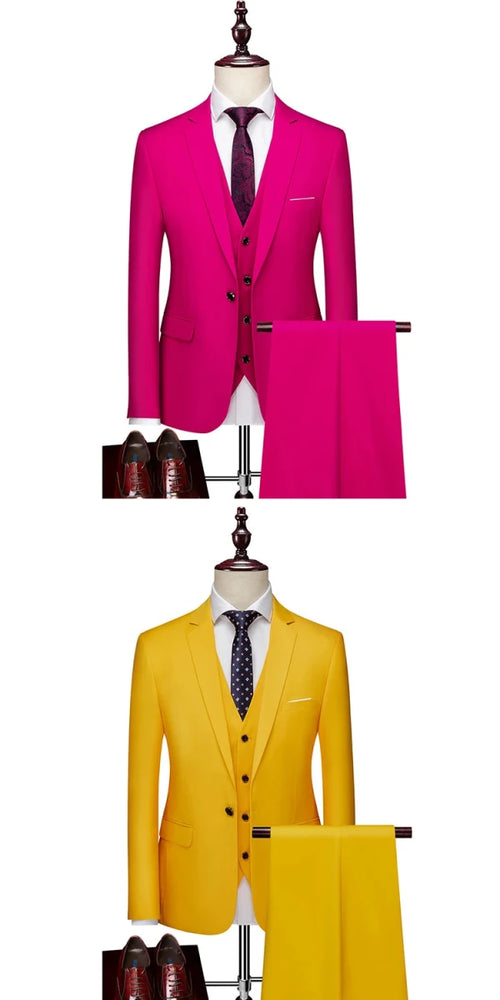 Men's 3-piece business suit set by MANDOTOS INTERNATIONAL with jacket, vest, and pants in various sizes and colors.