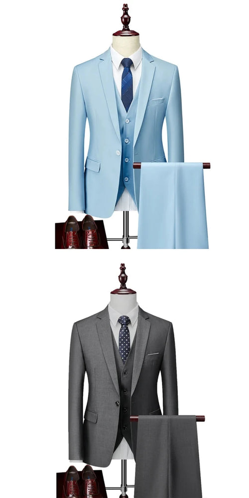 Mandotos International men's 3-piece business suit set with jacket, vest, and pants in various sizes and colors.