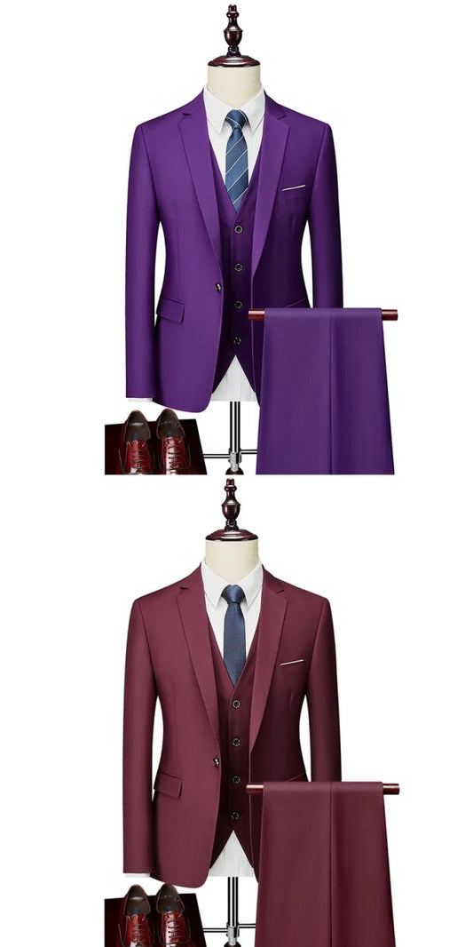 Men's 3-piece business suit set by MANDOTOS INTERNATIONAL with jacket, vest, and pants in various sizes and colors.