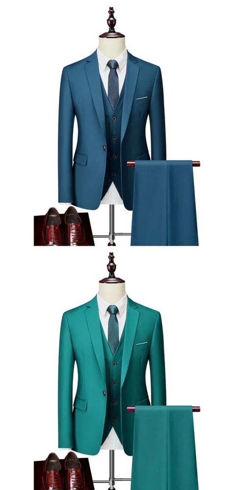 Men's 3-piece business suit set by Mandotos International, including jacket, vest, and pants in various sizes and colors.