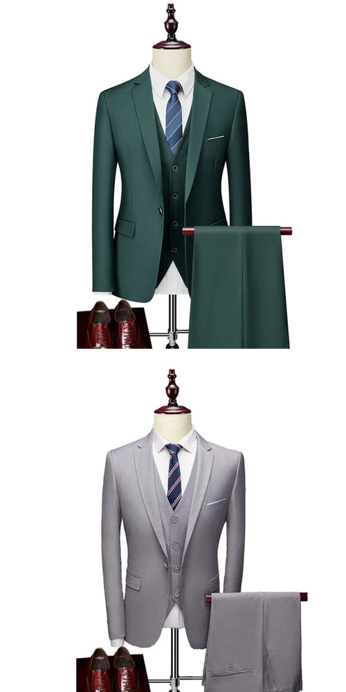 Men's 3-piece business suit set by Mandotos International with jacket, vest, and pants in various sizes and colors.