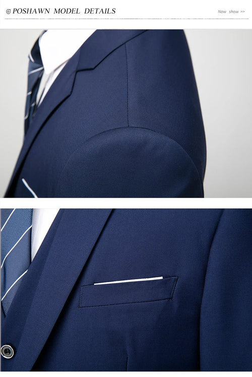 Men's 3-piece business suit set including jacket, vest, and pants in various sizes and colors by MANDOTOS INTERNATIONAL.