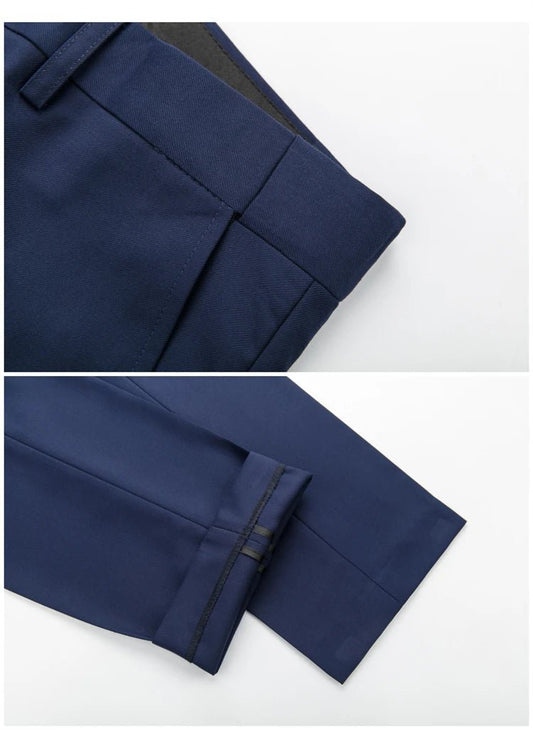 Men's 3-piece business suit set by Mandotos International, jacket, vest, and pants in various sizes and colors.