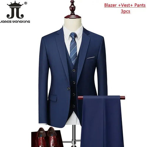 Mandotos International men's 3-piece business suit set with jacket, vest, and pants available in various sizes and colors.