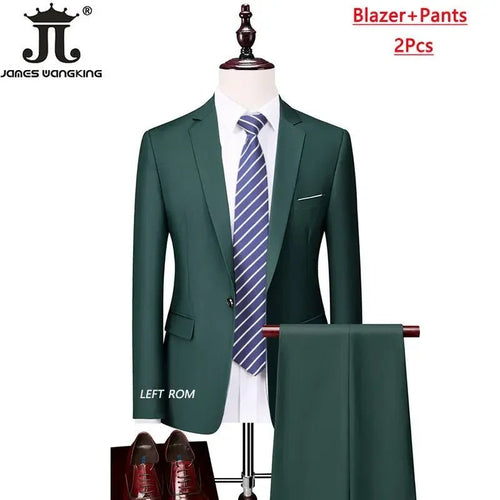 Men's 3-piece business suit set including jacket, vest, and pants in various sizes and colors by MANDOTOS INTERNATIONAL.