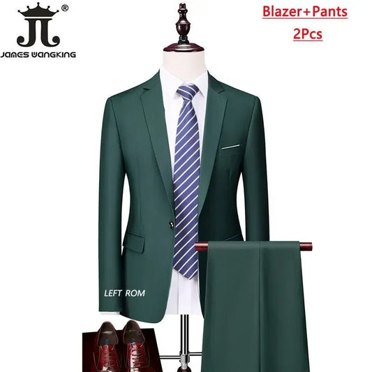 Men's 3-piece business suit set including jacket, vest, and pants in various sizes and colors by MANDOTOS INTERNATIONAL.