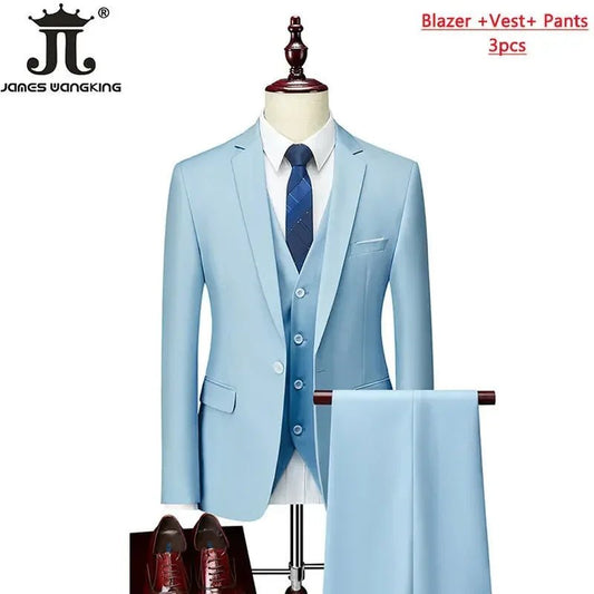 Men's 3-piece business suit set by Mandotos International, including jacket, vest, and pants in various colors and sizes.