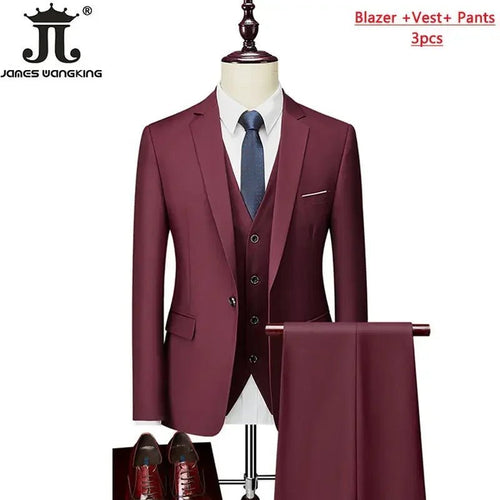 Men's 3-piece business suit set by Mandotos International with jacket, vest, and pants in various sizes and colors.
