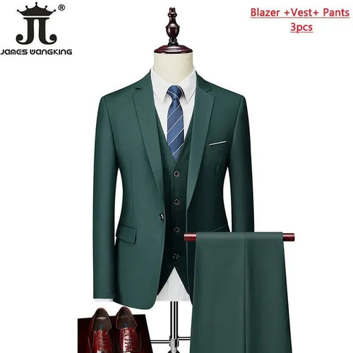 Men's 3-piece business suit set by MANDOTOS INTERNATIONAL with jacket, vest, and pants in various sizes and colors.