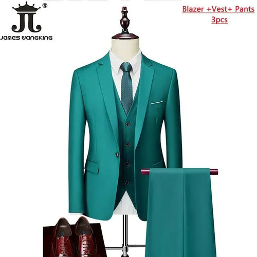 Men's 3-piece business suit set by MANDOTOS INTERNATIONAL, including jacket, vest, and pants in various colors and sizes.