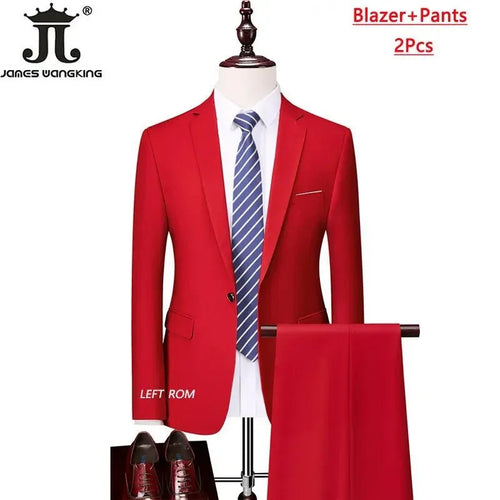 Men's 3-piece business suit set by Mandotos International with jacket, vest, and pants in various sizes and colors.