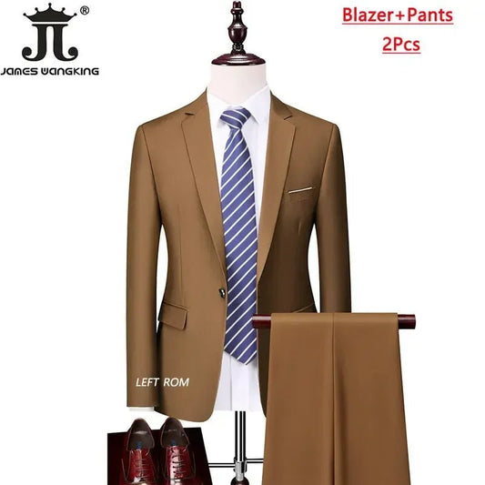 Men's 3-piece business suit set by Mandotos International with jacket, vest, and pants in various sizes and colors.