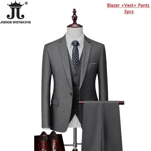 Mandotos International men's 3-piece business suit set with jacket, vest, and pants in various sizes and colors.