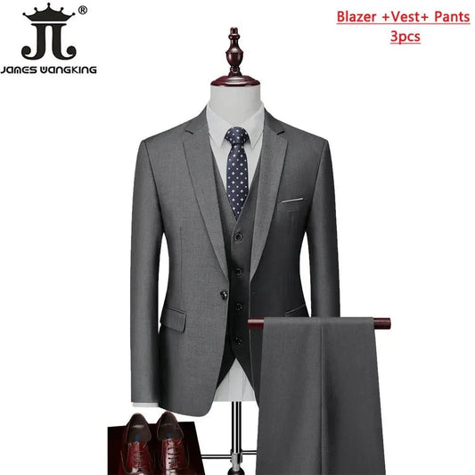 Mandotos International men's 3-piece business suit set with jacket, vest, and pants in various sizes and colors.